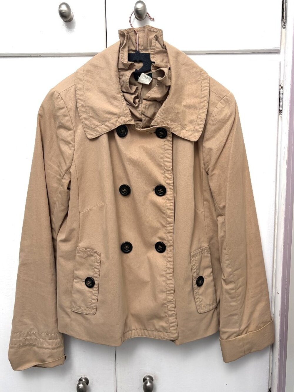 J.Crew Cropped Trench Jacket Size 4 Removable Ruffled Neck Insert
